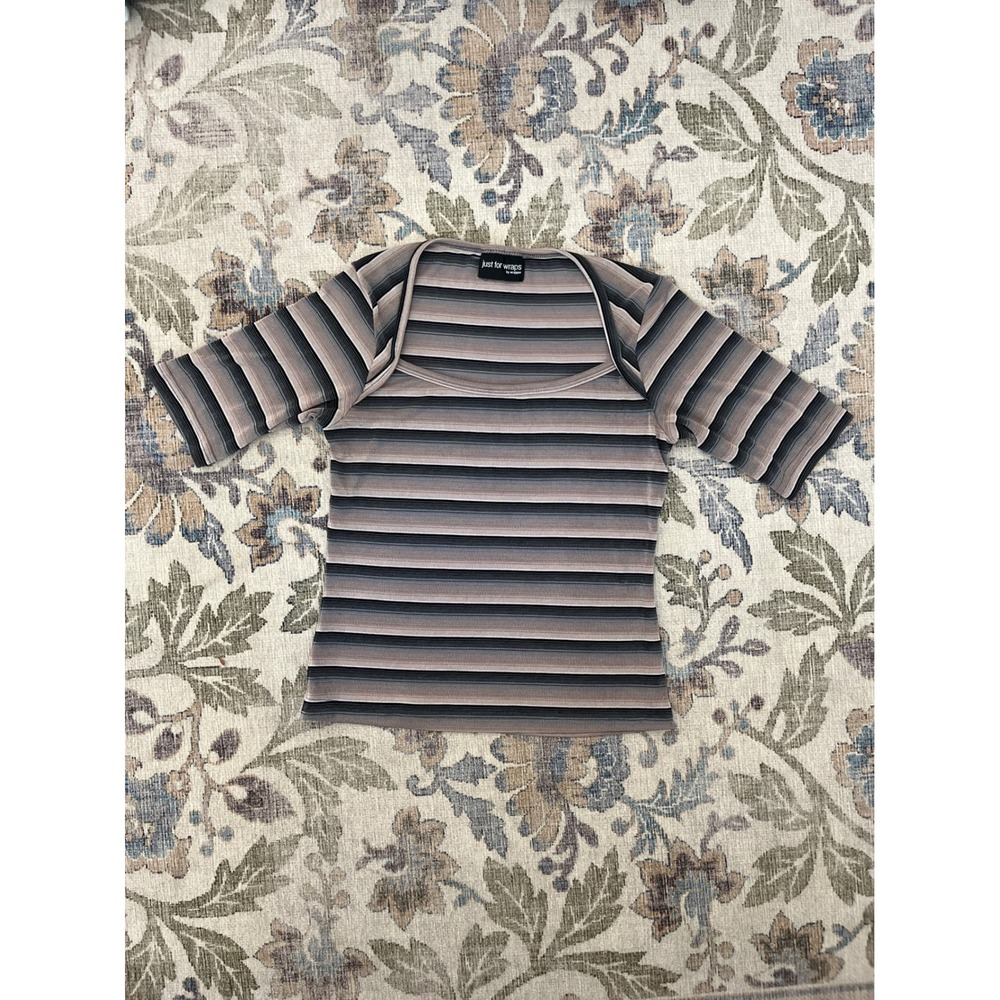 Just for Wraps Top Women Brown Striped Excellent Square Neck Ribbed Y2K 90s